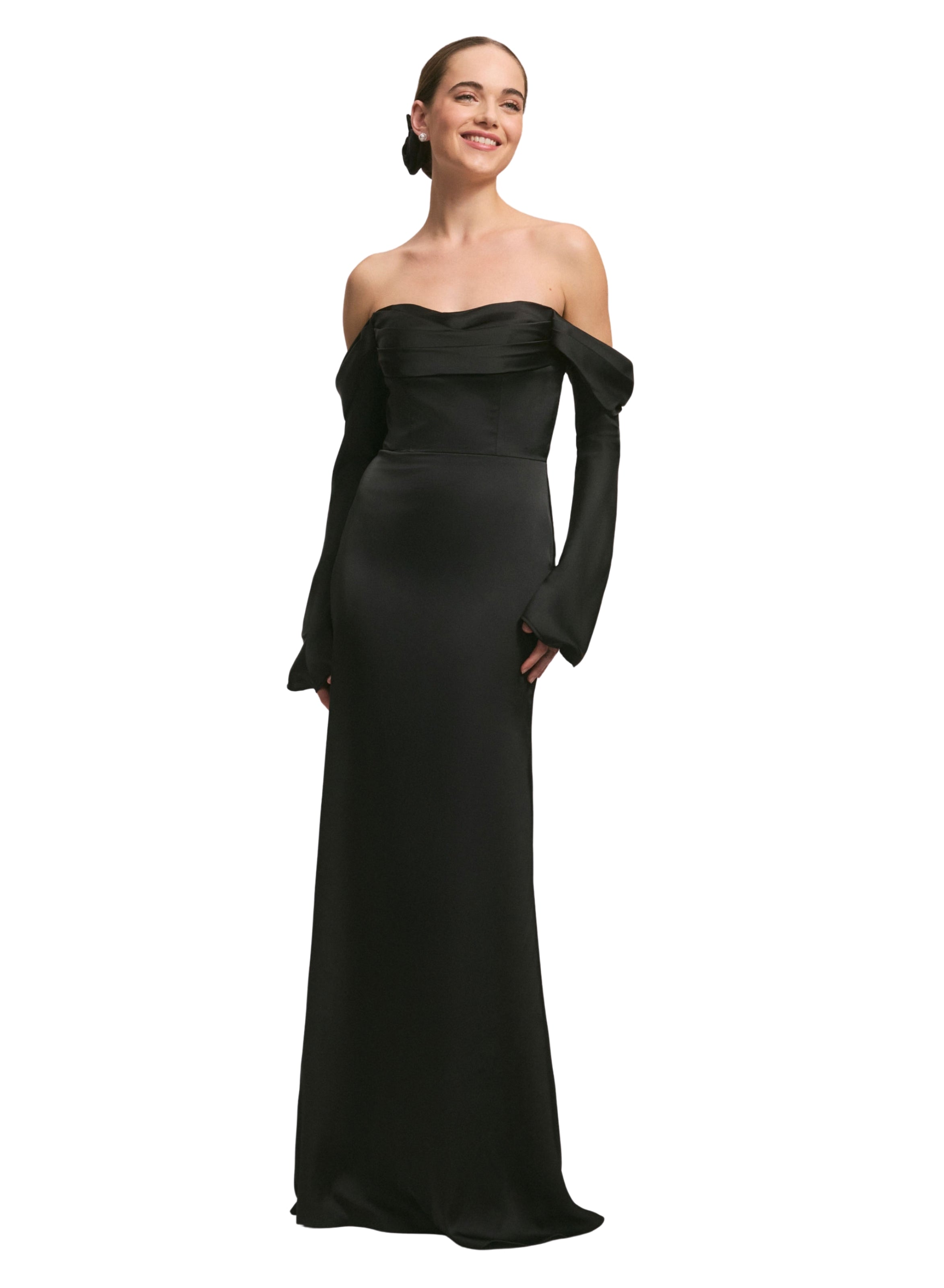 Draped Sweetheart Luxe Satin Bridesmaid Dress with Detachable Long Sleeves