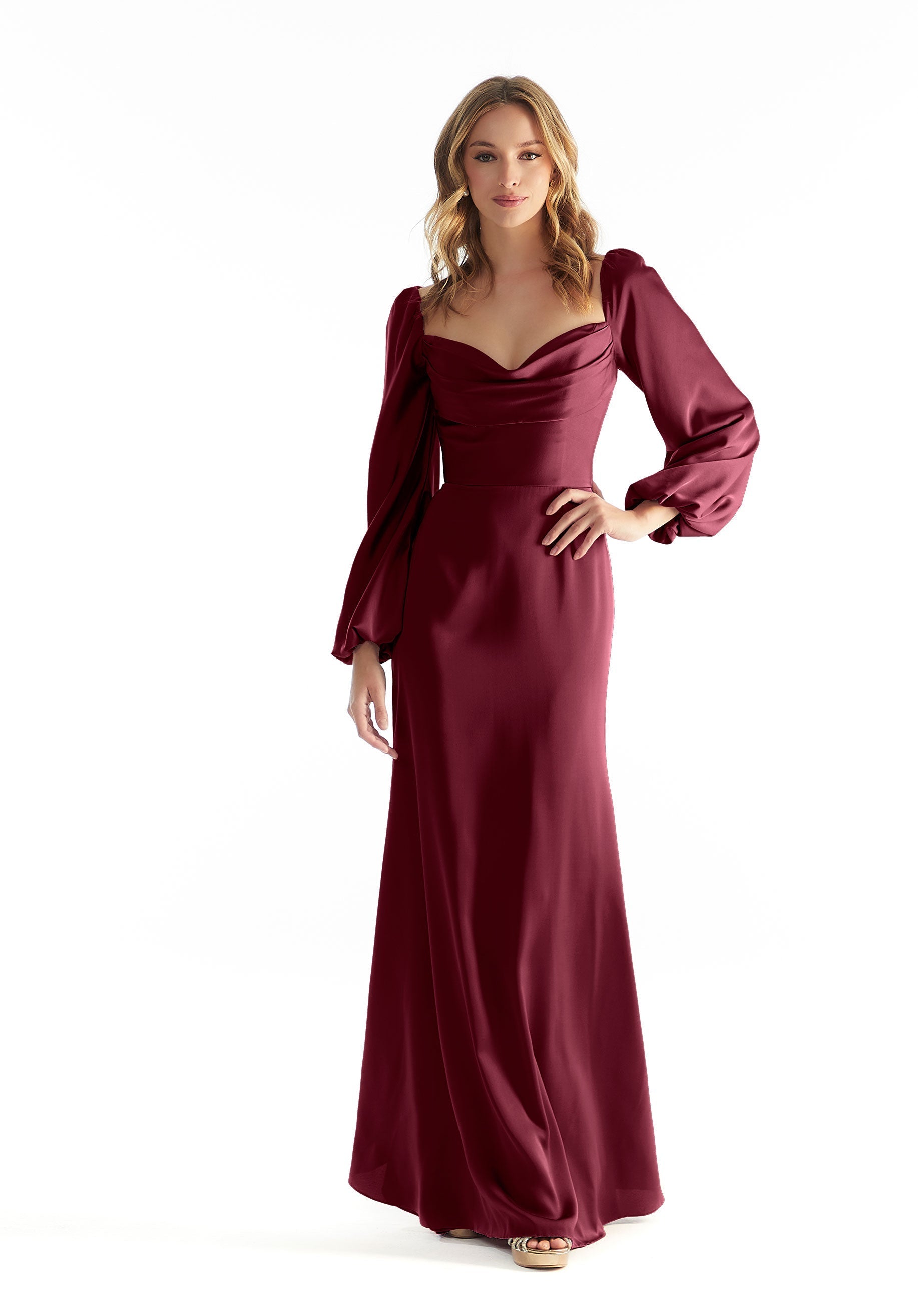 Long Sleeve Luxe Satin Bridesmaid Dress with Cowl Neck Amore Gowns 31221-COLORS_0000_BORDEAUX
