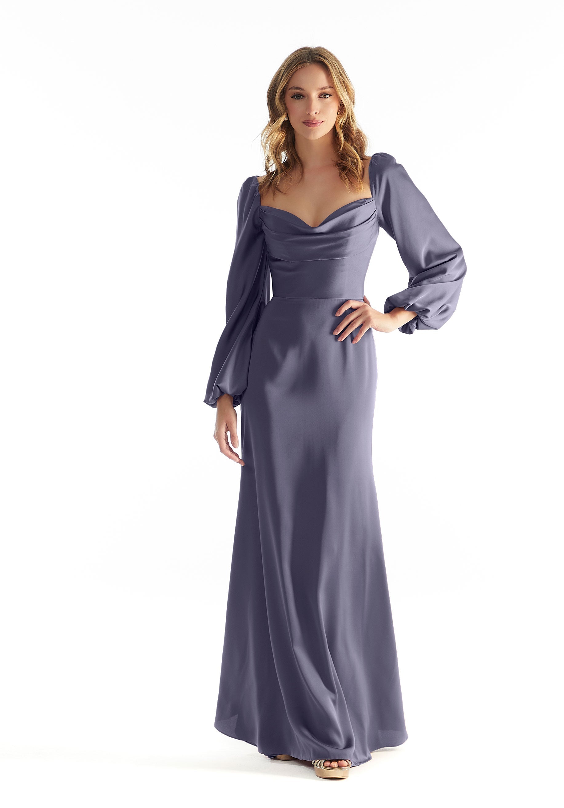 Long Sleeve Luxe Satin Bridesmaid Dress with Cowl Neck Amore Gowns 31221-COLORS_0002_DUSK