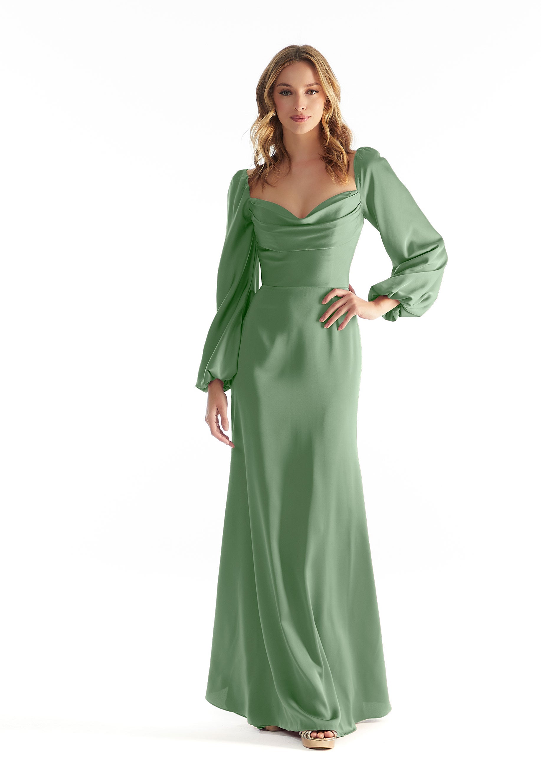Long Sleeve Luxe Satin Bridesmaid Dress with Cowl Neck Amore Gowns 31221-COLORS_0003_MOSS