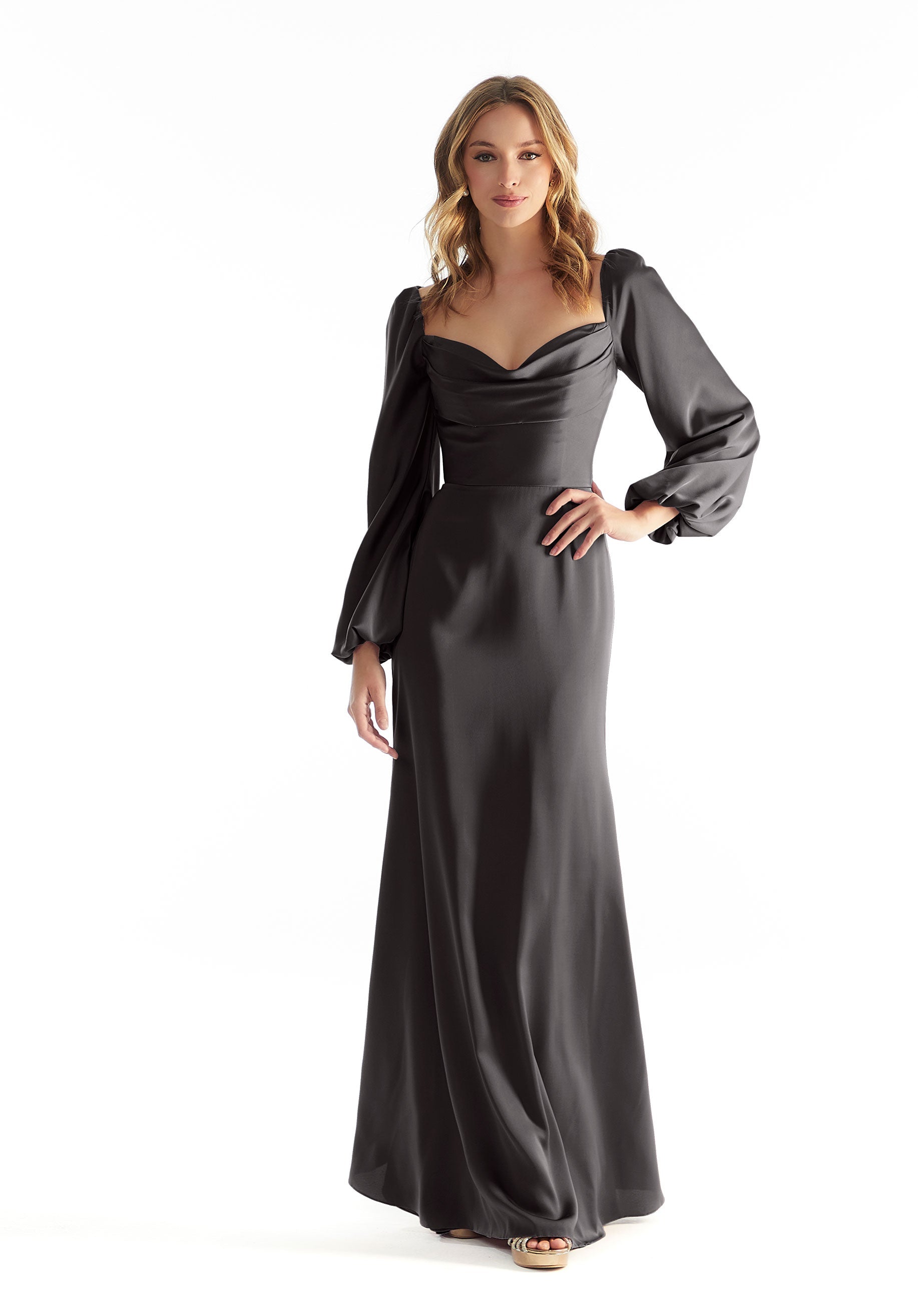 Long Sleeve Luxe Satin Bridesmaid Dress with Cowl Neck Amore Gowns 31221-COLORS_0005_BLACK