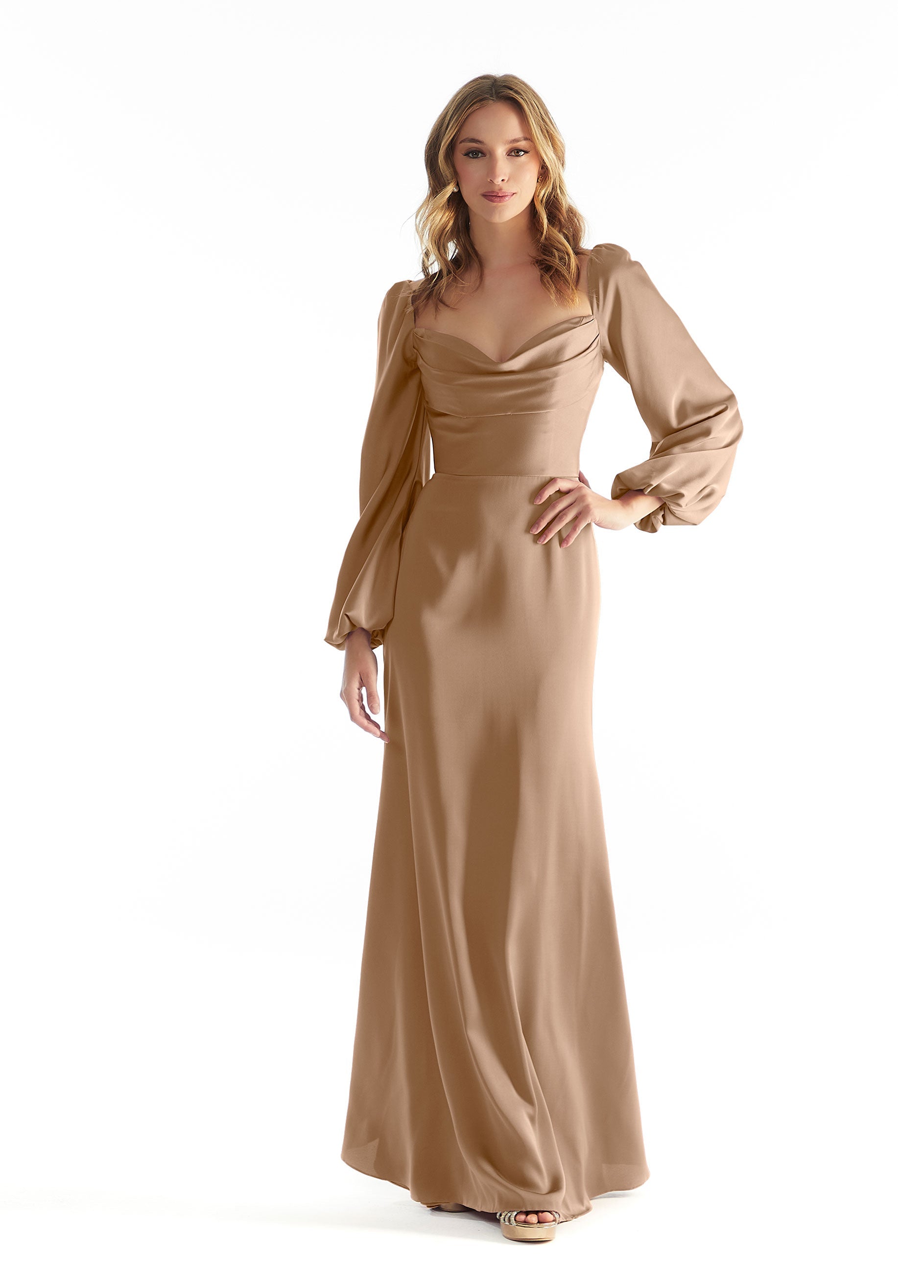 Long Sleeve Luxe Satin Bridesmaid Dress with Cowl Neck Amore Gowns 31221-COLORS_0013_LATTE
