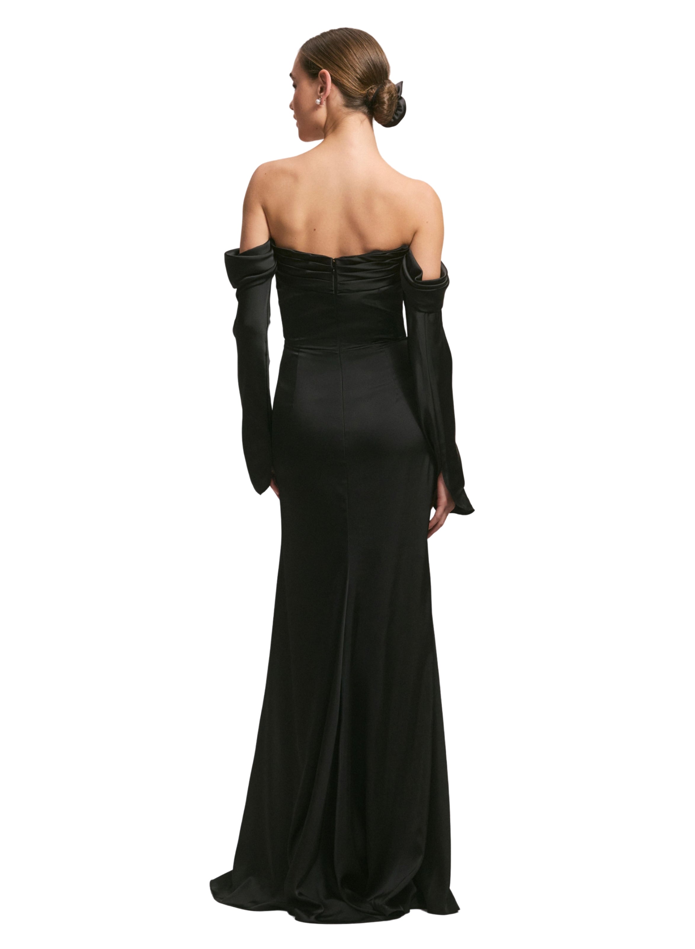 Draped Sweetheart Luxe Satin Bridesmaid Dress with Detachable Long Sleeves