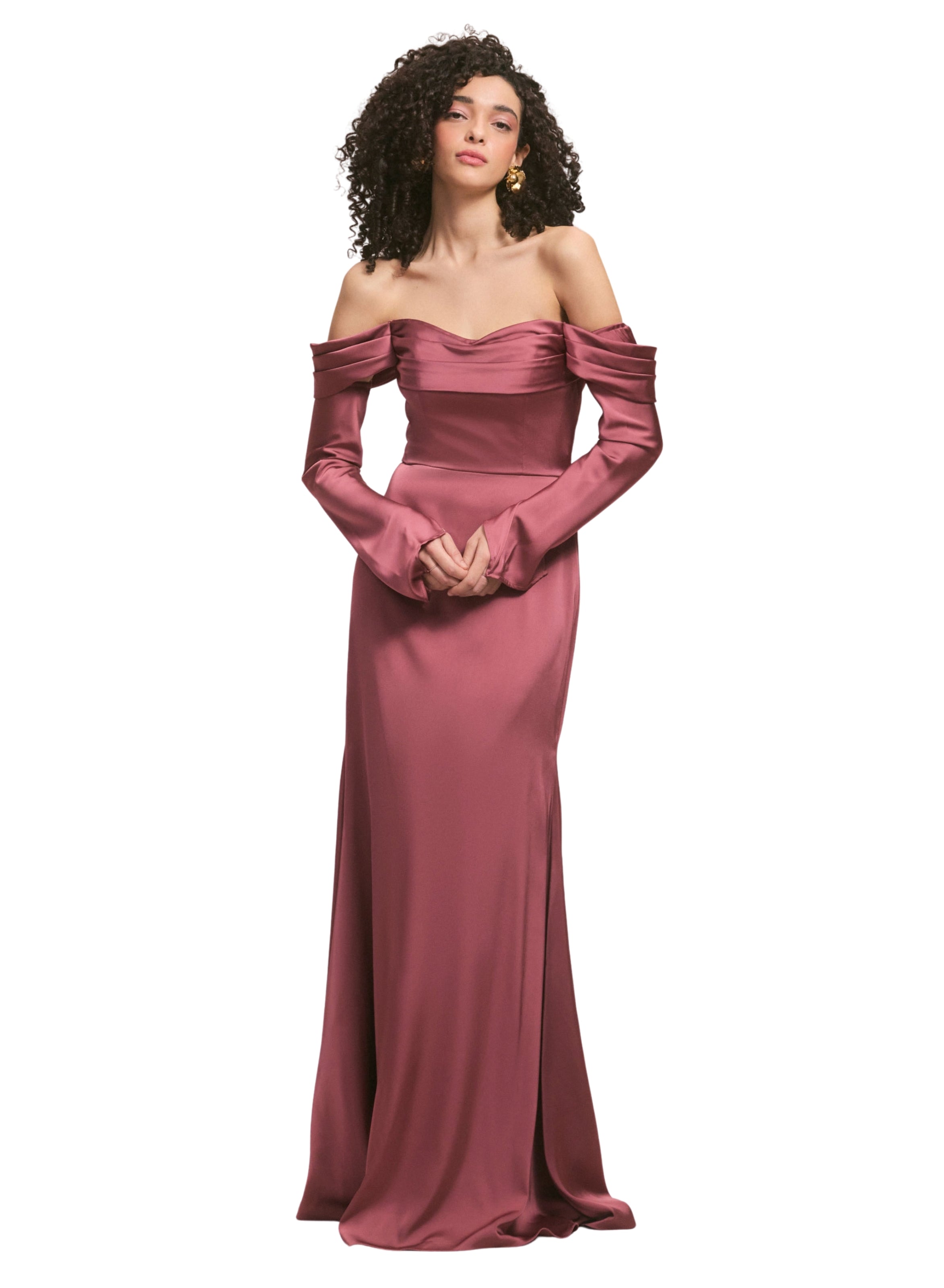Draped Sweetheart Luxe Satin Bridesmaid Dress with Detachable Long Sleeves
