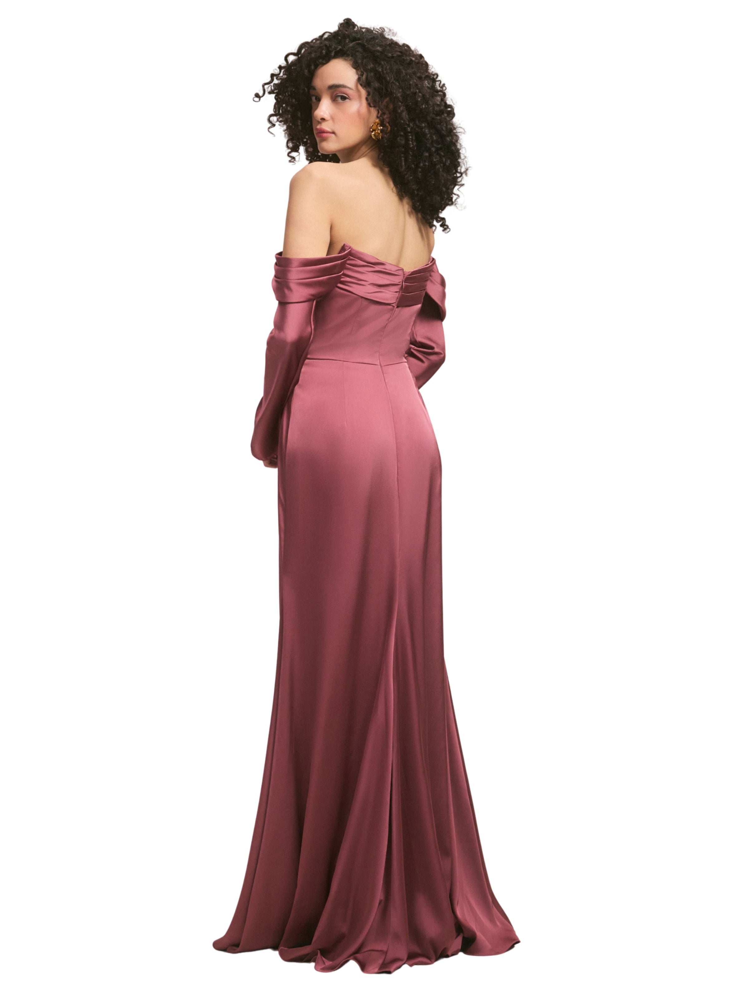 Draped Sweetheart Luxe Satin Bridesmaid Dress with Detachable Long Sleeves