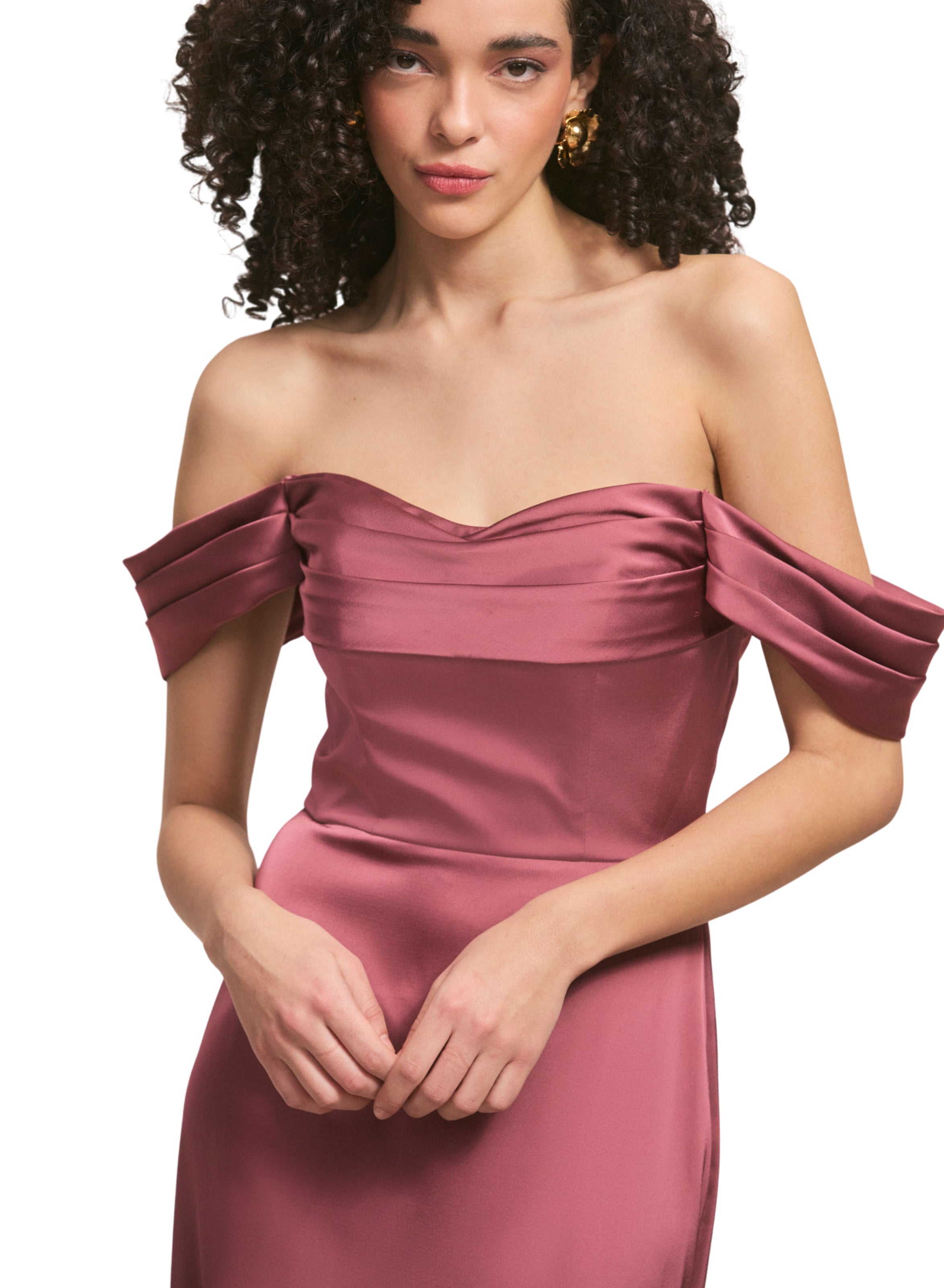 Draped Sweetheart Luxe Satin Bridesmaid Dress with Detachable Long Sleeves