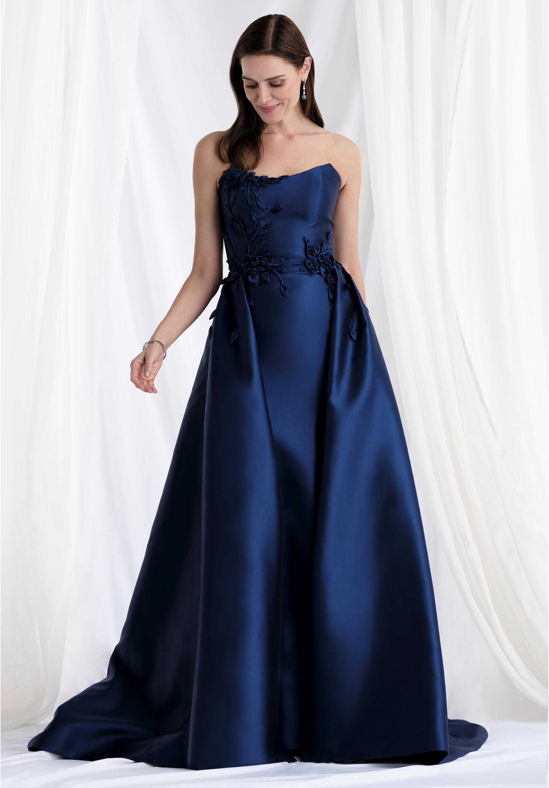 73155D Cat Eye Column Mikado Evening Gown with Detachable Overskirt